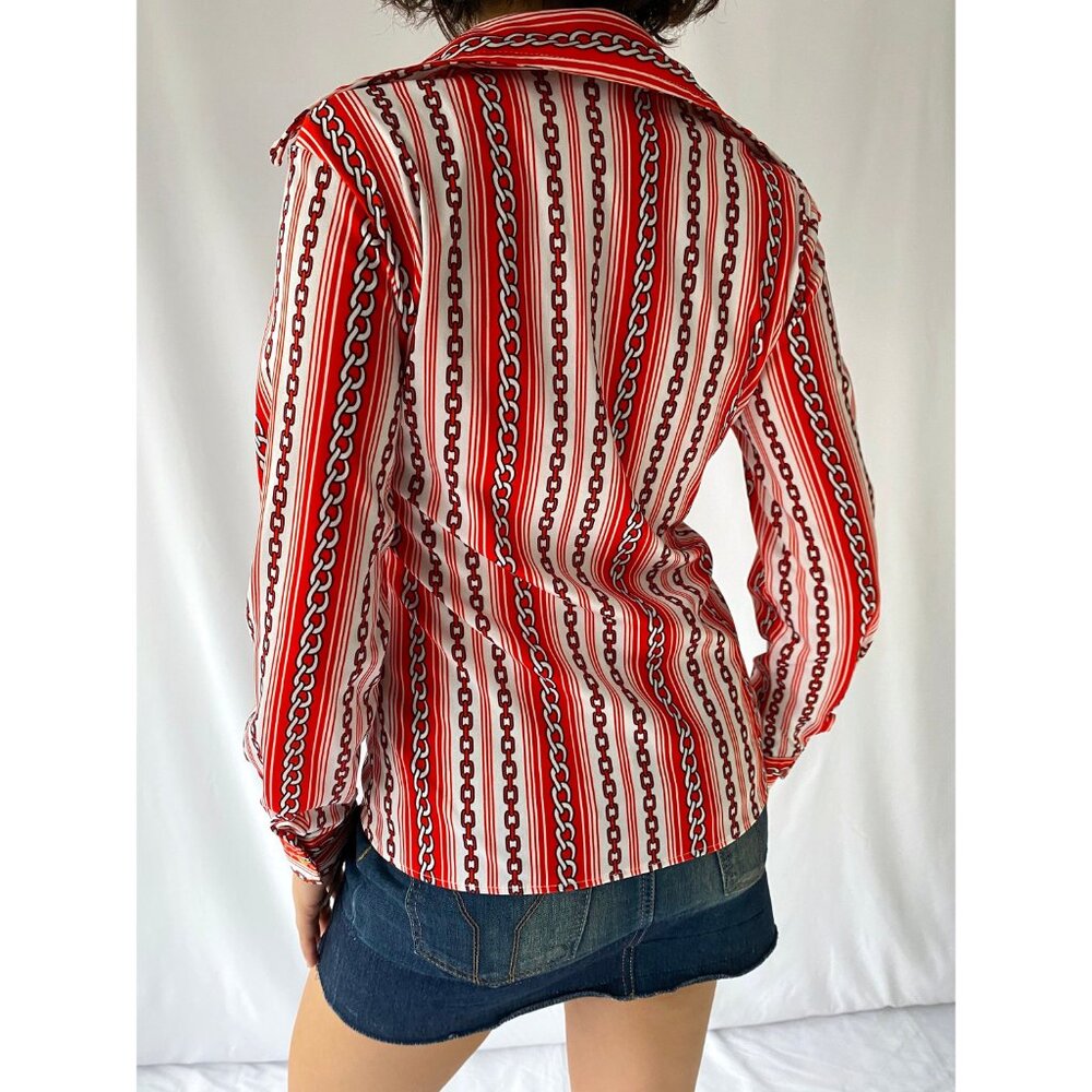 70s vintage red chain striped novelty print collared button up blouse shirt - Picture 5 of 9